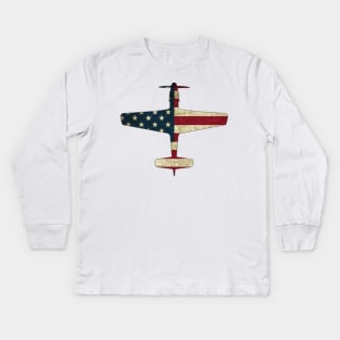 Patriotic Veteran P 51 Mustang Fighter Warbird Plane US Flag Kids Long Sleeve T-Shirt